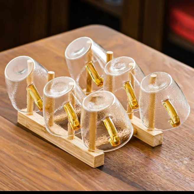 茶杯玻璃加厚水杯耐高溫防燙透明茶杯, 1個, 金色砂礫小把盃100ml6衹送盃架, 金色, 砂礫小把盃