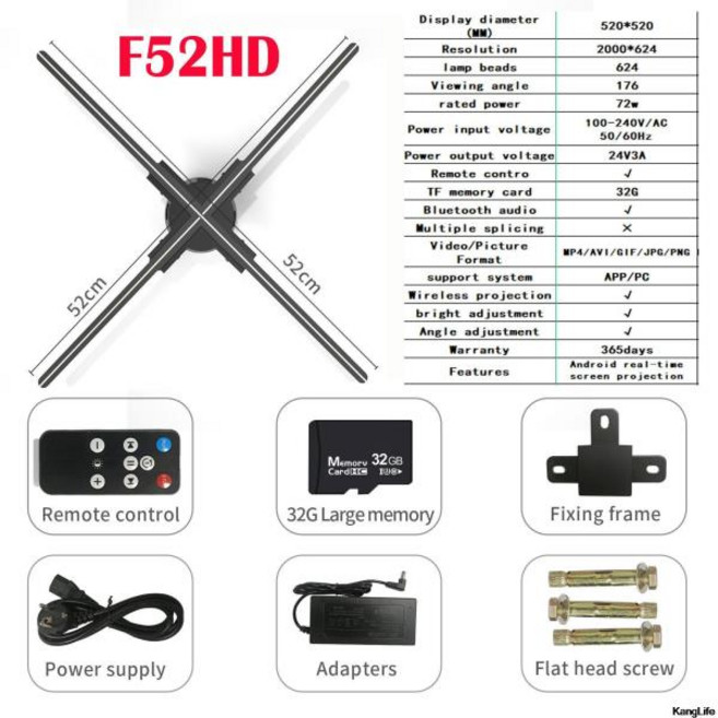 3D 선풍기 홀로그램 프로젝터 와이파이 디스플레이 광고 조명 LED 사인 차원 42-100cm, 52cm, EU Plug
