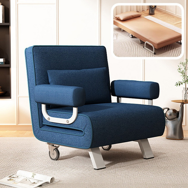 바이시 1인용 쇼파베드 소파 침대 패브릭 간이 리클라이너 접이식 원룸 미니 바퀴포함, 네이비