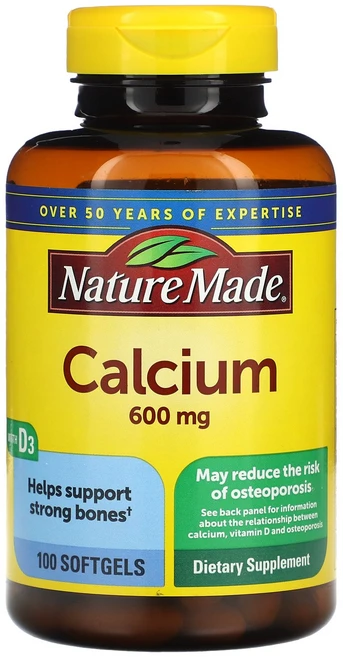 Nature Made 비타민 D3가 함유된 칼슘 600 mg 100 소프트젤 Made (네이처 메이드), Nature Made, 비타민 D3가 함유된 칼슘, 6, 1개, 100정 - 쿠팡