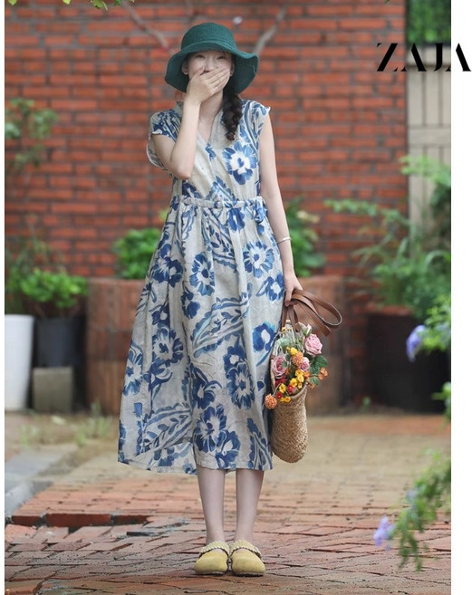 ZAJA 여성 여름 면마 원피스 꽃무늬 롱 루즈핏 캐주얼 휴양지