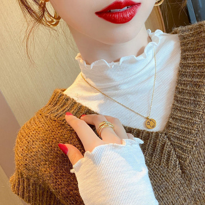 여성 반폴라 긴팔 티셔츠 봄가을 캐주얼 슬림핏 얇은 이너 긴팔티 패션 프릴 반목티 상의 WMY