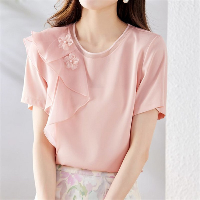 TKX 여성용 반팔 블라우스 러플 플라워 장식 라운드넥 세련된 오피스 데일리룩 상의