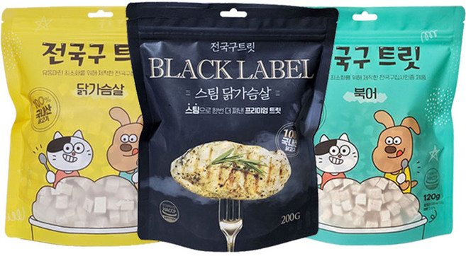 전국구트릿 블랙라벨 동결건조 스팀닭가슴살+닭+북어 3종혼합 구성 인기콤보, 1세트, 490g, 스팀닭+닭+북어