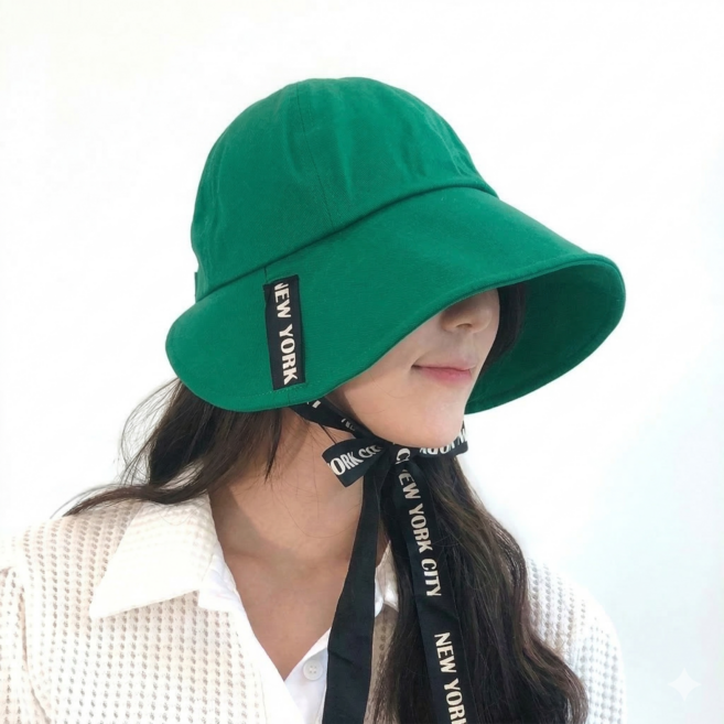 로로하나 여성골프모자 얼굴소멸 레터링 리본 벙거지모자 국내제작, 그린, 프리