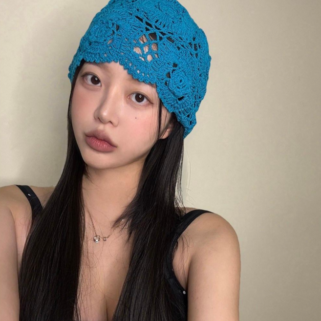 드리뮤즈 여성 뜨개 네트 블루 여름 레이스 비니 모자