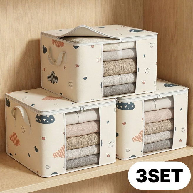 굿컨트리 투명창 패브릭 리빙박스 1+1+1 이불 계절 옷정리 보관함, 3개, 아이보리
