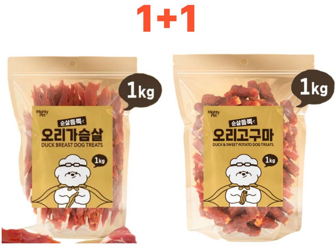 해피데일리샾픽 1+1 마이티펫 대용량 순살듬 뿍 강아지 간식 1kg+1kg, 1개, 2kg, 오리고구마&오리가슴살