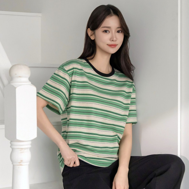 잠끌 여성 스트라이프 면 반팔 티셔츠