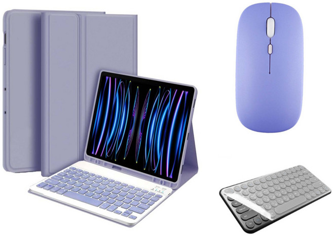 아이패드 호환 에어 프로 미니 1/2/3/4/5/6/7/8/9/10 세대 M2 M4 펜슬 수납 블루투스 키보드 케이스 무선 마우스 세트 iPad Pro Air Mini 케이스나라, 라벤더