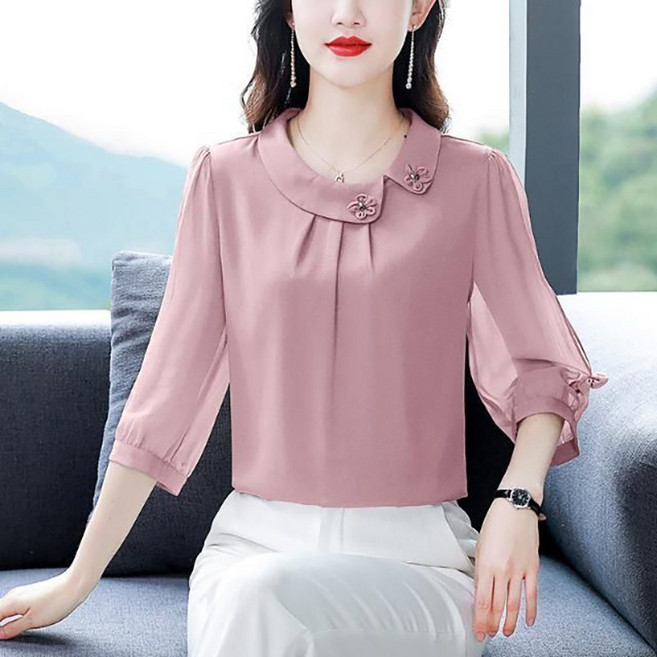 Neirny 중장년여성 빅사이즈 긴팔 쉬폰 블라우스 봄 가을 스타일리쉬 엄마룩 간절기 프리미엄 심플 루즈핏 기질 패션 하객룩 상의