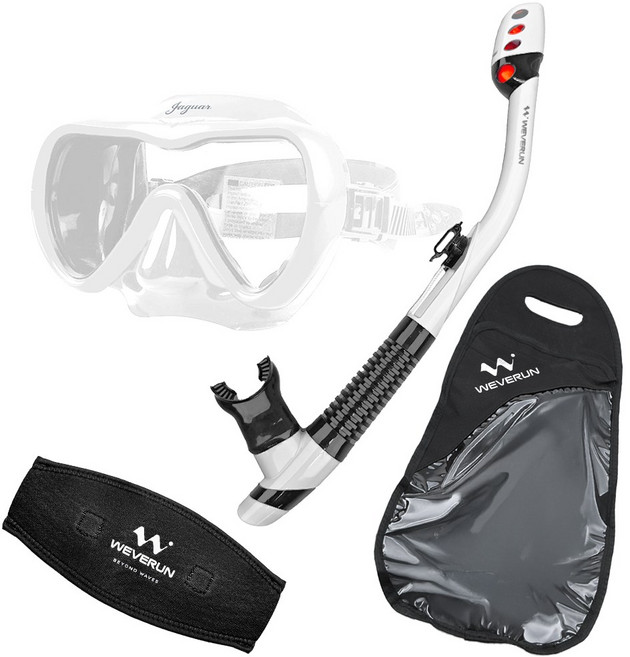 위베런 스노쿨링 마스크 재규어 스노클 세트 프리다이빙 물안경 장비 미러렌즈 자외선차단, 투명 화이트 세트