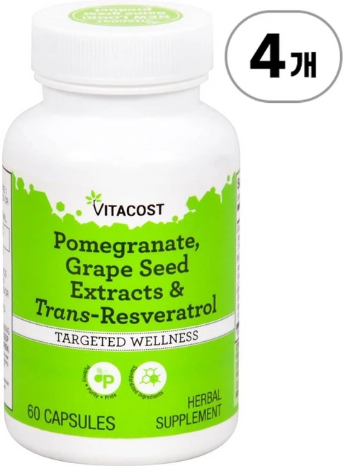 비타코스트 포메그래니트 그레이프 씨드 앤 트랜스-레스베라트롤 Vitacost Pomegranate Grape Seed & Trans-Resveratrol 60정, 4개 - 쿠팡