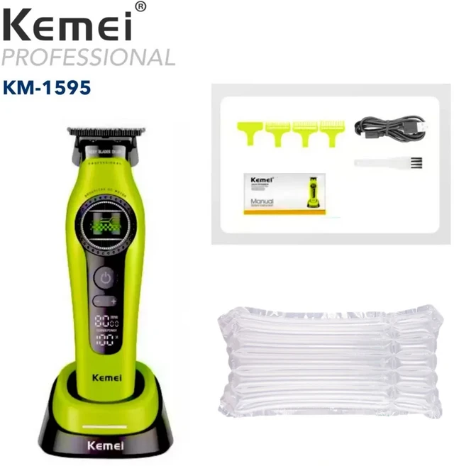 Kemei 외부 로터 브러시리스 모터 업그레이드된 헤어 트리머 전문가용 클리퍼 충전대 남성용 KM-1593, 03 KM-1595 Green No box