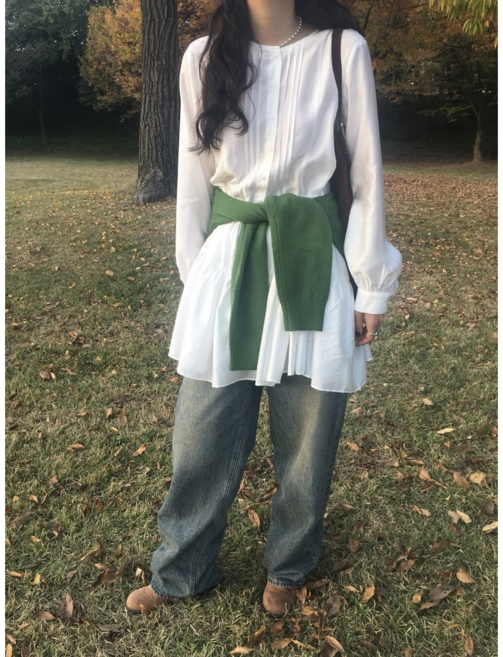 韓國chic 單排扣長袖綁帶荷葉邊襯衫式連衣裙, 白色