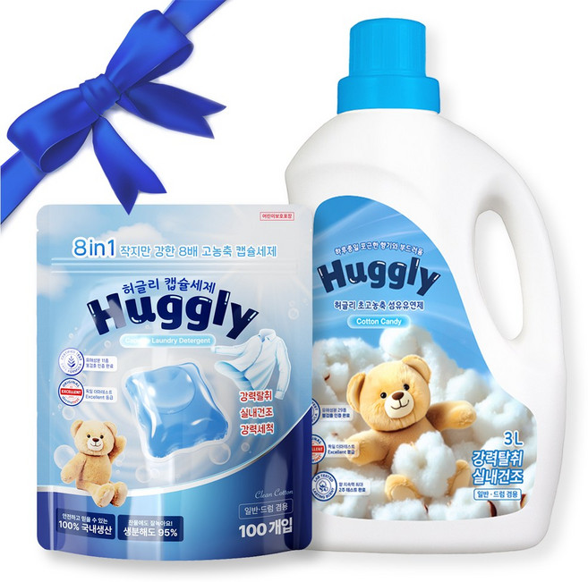 허글리 캡슐 세탁세제 코튼캔디 100개입 + 허글리 섬유유연제 코튼캔디 3L 세트, 1세트
