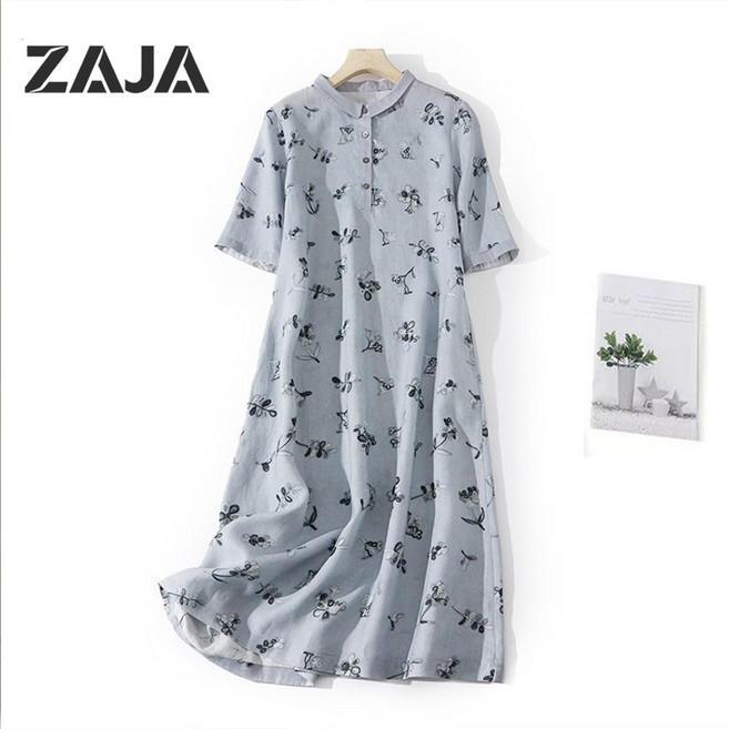ZAJA 여성 여름 슬림 카라넥 A라인 플레어 데일리 원피스