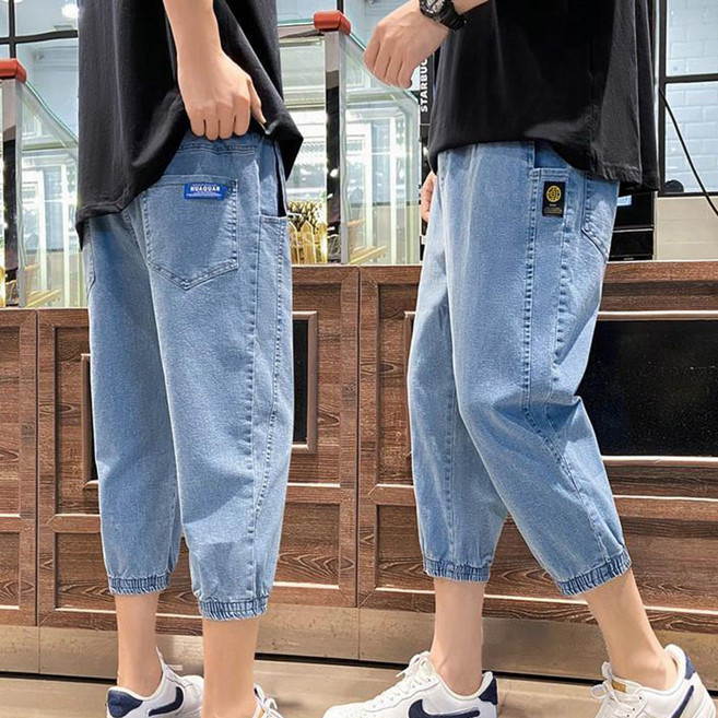 JUSTFEELING 7부 데님조거팬츠 데일리 일자핏 남성 반바지 와이드 트렌드 심플 팬츠 청바지 2컬러