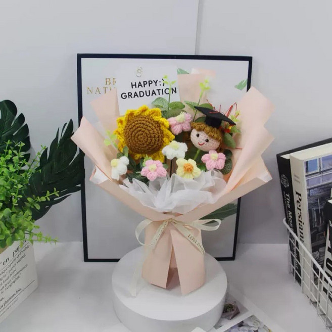畢業花束 娃娃花束 向日葵 畢業小熊 畢業生禮物, 粉色包裝 女款畢業生+ 手提紙袋, 1個