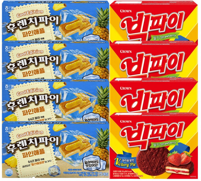 해태 크라운 후렌치파이 파인애플 192g+빅파이 딸기 216g 4개씩 (총 8P) 곽과자 세트, 192g