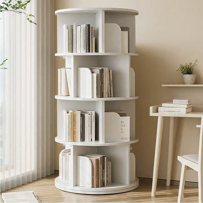 원형 책장 거실 서재 360도 회전 책장 대용량 책장, 4단, 흰색