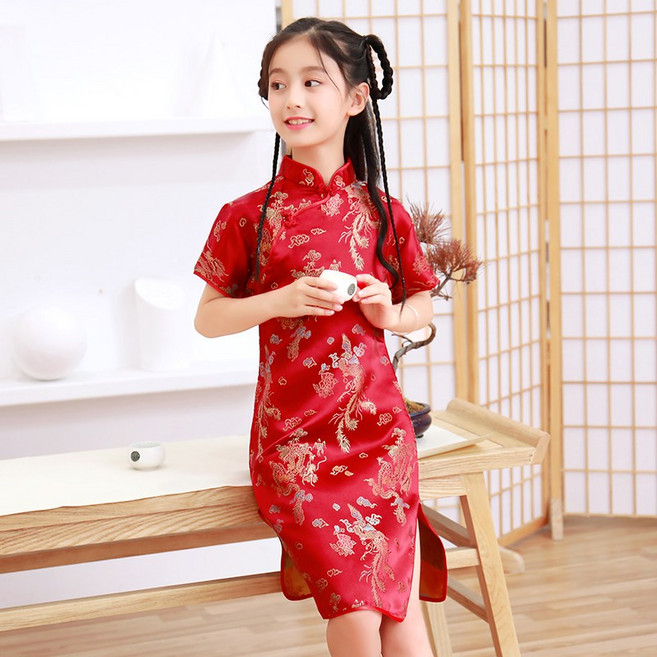 水水女人國 復古可愛女童旗袍 中國風鳳尾花織錦緞洋裝 小女生日常百搭旗袍