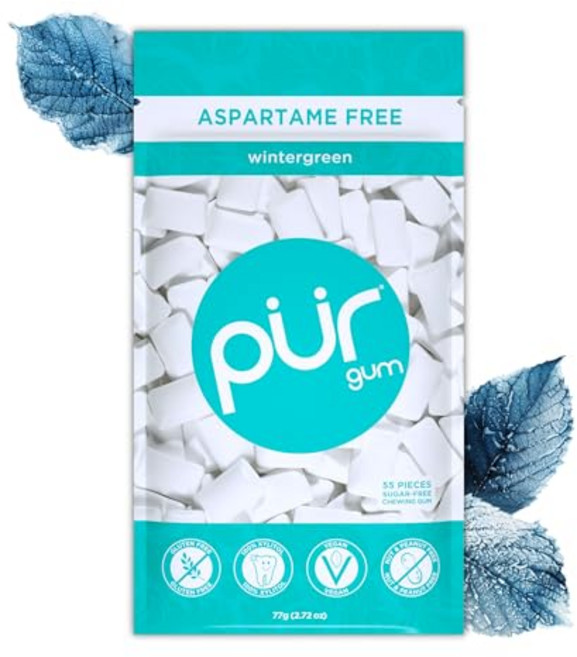 PUR 껌 | 아스파탐 프리 씹는 껌 | 100% 자일리톨 | 천연 윈터그린 PUR 껌 | 아스파탐 프리 씹는 껌 | 100% 자일리톨 | 천연 윈터그린 맛 껌 55개 (1개 팩, 34.93kg, 1개