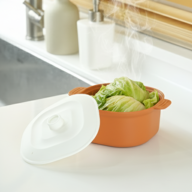 소노리떼 국산 실리콘 계란찜기 중형 사각 700ml 화이트 뚜껑, 카멜옐로, 1개