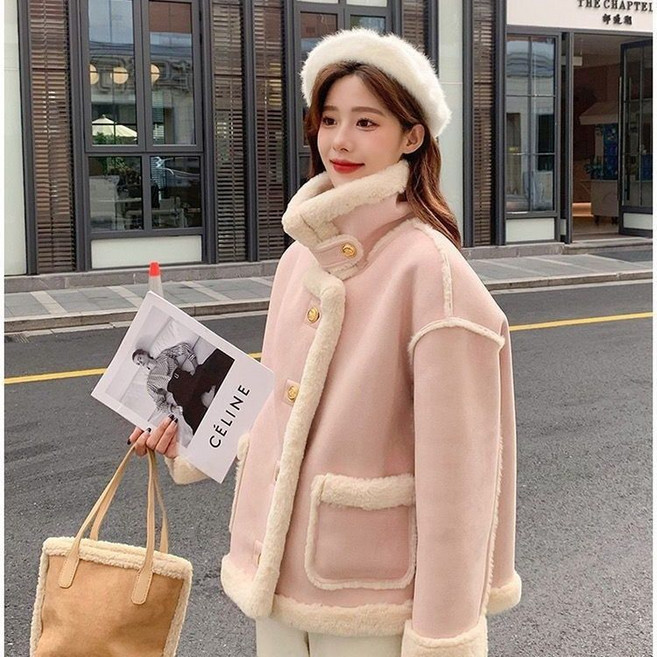 여성 무스탕 자켓 캐주얼 램스울 코프 도톰 기모 아우터 루즈핏 뽀글이 라이더 자켓 기질 일체형 무스탕 코트 ZZL