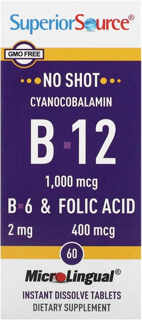 슈페리어 소스 Superior Source 시아노코발라민 & B-12 B-6 및 엽산 1 000mcg 2mg 400mcg 용해되는 MicroLingual 60정122, 슈페리어 소스 Superior Source, 시아노코발, 1개 - 쿠팡