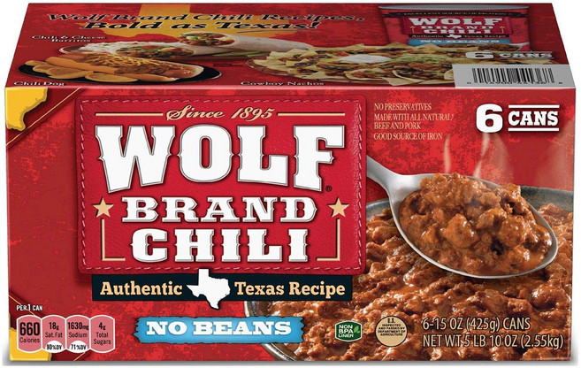 Wolf Brand 울프 브랜드 콩 없는 칠리 통조림 15oz(425g) 6캔, 1개, 425g