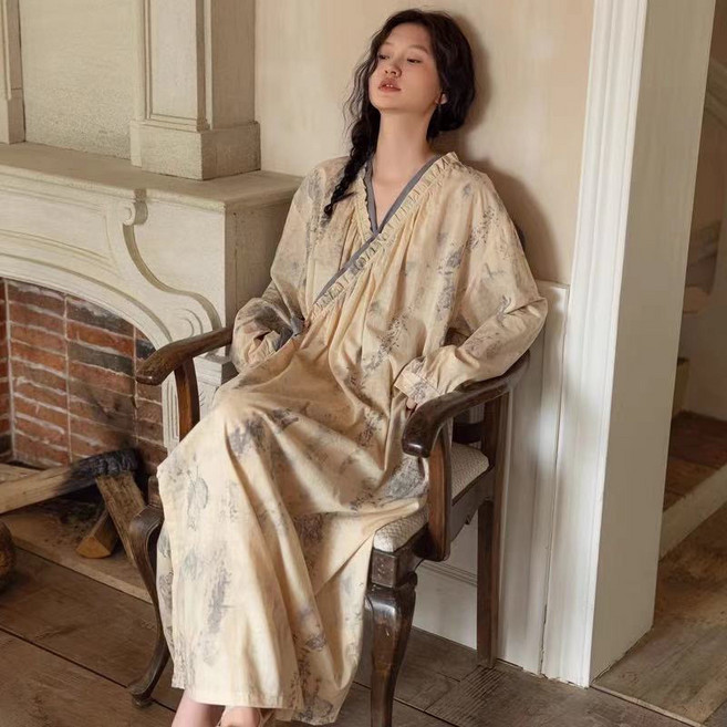 AOKADA 여성 봄 가을 순면 잠옷 가운 로브 루즈핏 파자마 홈웨어