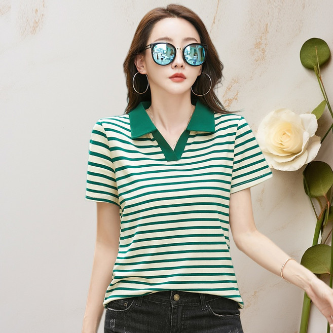 촹싱유푸이 여성 카라 스트라이프 반팔티 골프 티셔츠 여름 폴로반팔티 골프웨어 상의 프리미엄 100%면티