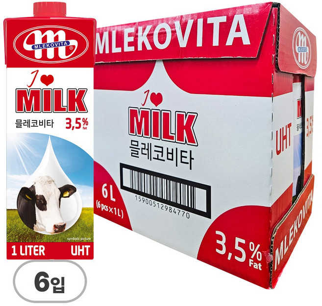 믈레코비타 아이러브밀크 3.5% 멸균우유, 1L, 6개