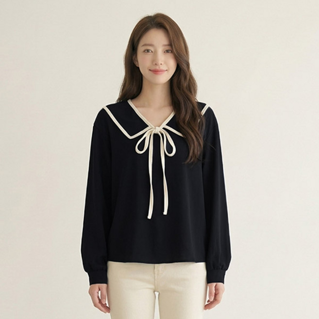 드마엘 여성 라비아 페미닌 배색 리본 셔츠 블라우스(3color)+델로나