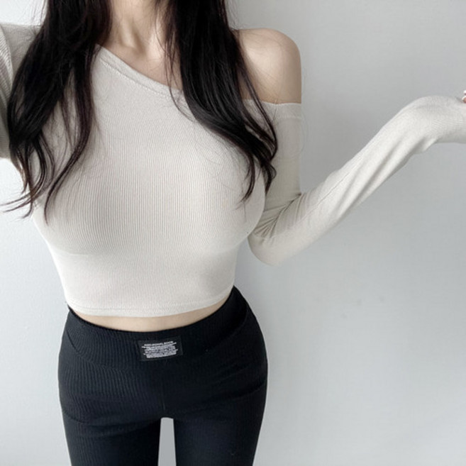 여성 오프숄더 슬림핏 요가 복 크롭 긴팔 티셔츠 4컬러
