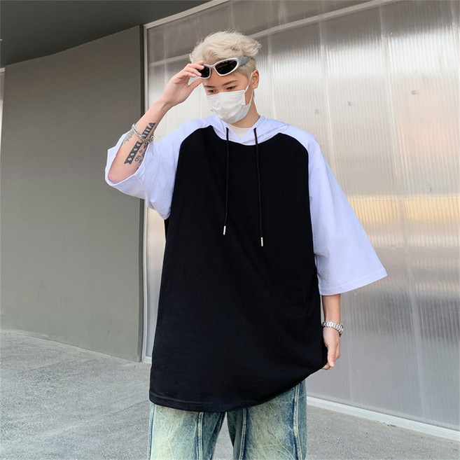 Vezri 남자 반팔 후드티 루즈핏 배색 가벼운 패션 캐주얼