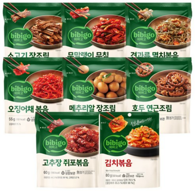 비비고 반찬 8종 모음(소고기 무말랭이 멸치볶음 오징어채 메추리알 호두연근 쥐포볶음 김치볶음), 110g, 1개