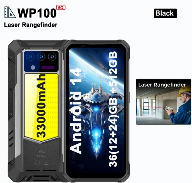 오키텔 WP100 5G 러기드 레이저 거리측정기 33000mAh 스마트폰 36(12+24)GB+512GB 66W 안드로이드14 휴대폰, 01 WP100, 512GB