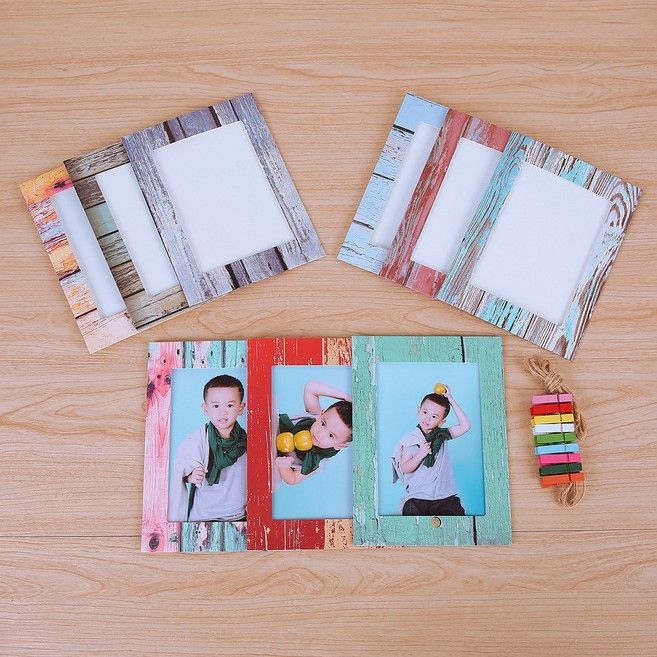 紙相框照片牆 7寸仿木紋創意懸掛DIY相框 韓版風格含夾子麻繩, 1個, 9.2*13.5cm（1套 9張）,13.5*18.5cm（7寸）