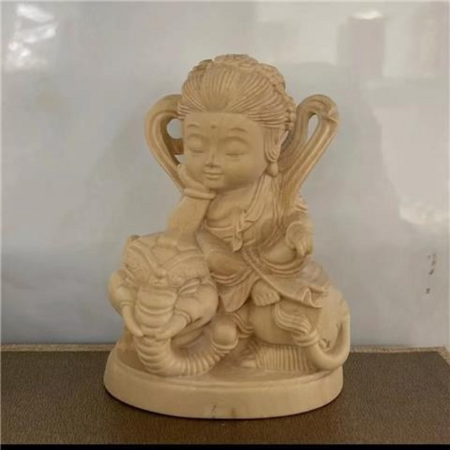 崖柏黃楊木雕 Q版文殊普賢菩薩 人物神像 工藝品, 小葉黃楊普賢
