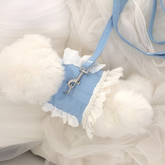 드루피 강아지 소형견 중형견 하네스 진주 레이스 가슴줄 목줄 세트, 스카이, 1개