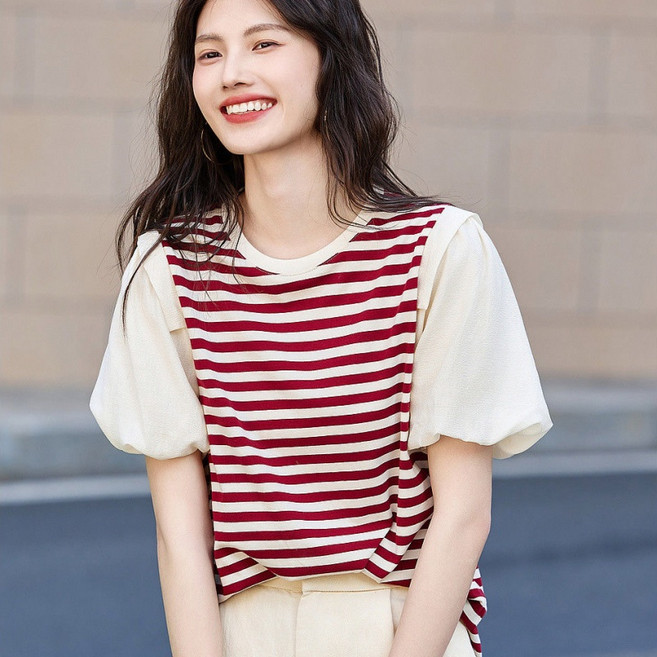 휠렉스 여성 스트라이프 패션 라운드넥 반팔 티셔츠 YA15