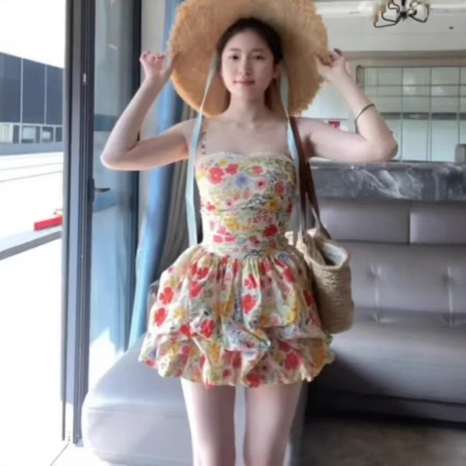 碎花連衣裙 可拆式肩帶 防滑設計 花苞裙擺 夏季洋裝 甜美風格+碎花裙+XXL, XXL