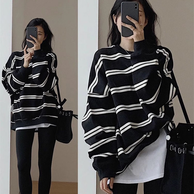 SAHINER 여성 봄 스트라이프 루즈핏 맨투맨 심플 AWY19