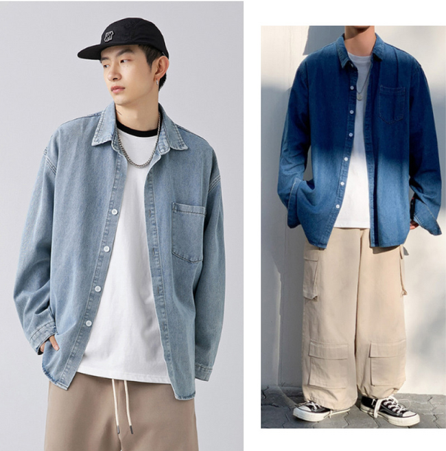 자연스러운 코디 남자 청남방 오버핏 데님 셔츠 연청 진청