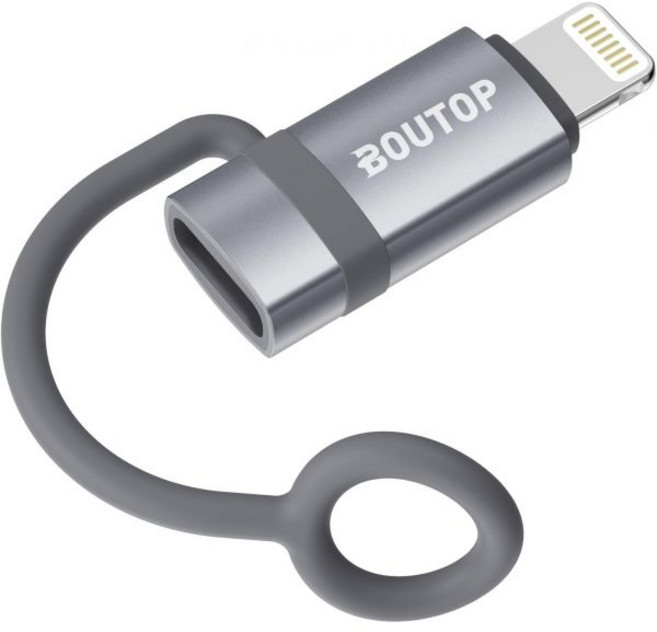BOUTOP Apple MFi 인증 60W PD 고속 충전 USB-C-Lightning 어댑터 (분실 방지 스트랩 포함) - 생태계 브리지 및 데이터 동기화 전용 (블랙 2, Gray*1