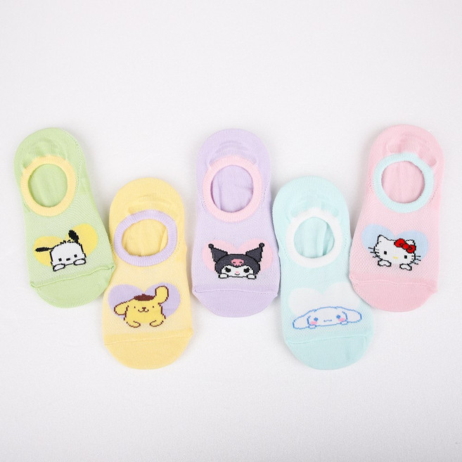 국산 산리오덧신 5켤레 세트 헬로키티 시나모롤 쿠로미 포차코 폼폼푸린 캐릭터 미끄럼방지 여름 메시 덧신양말