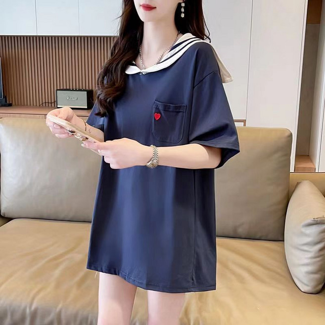 夏裝新款設計感海軍領 短袖t恤女 韓版上衣 短袖女 寬鬆上衣 胖mm顯瘦遮肚洋氣短袖上衣女 T恤女