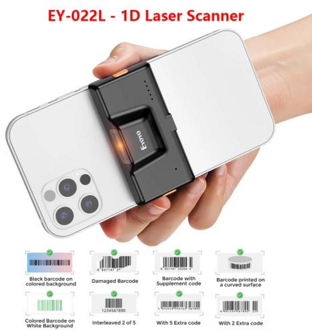 휴대용 바코드기 Eyoyo EY-022 무선 블루투스 CMOS 바코드 스캐너 미니 백 클립 QR 리더 빠른 스캔 창고 및 도서관 1D 2D, 1개, EY-022L 1D Scanner